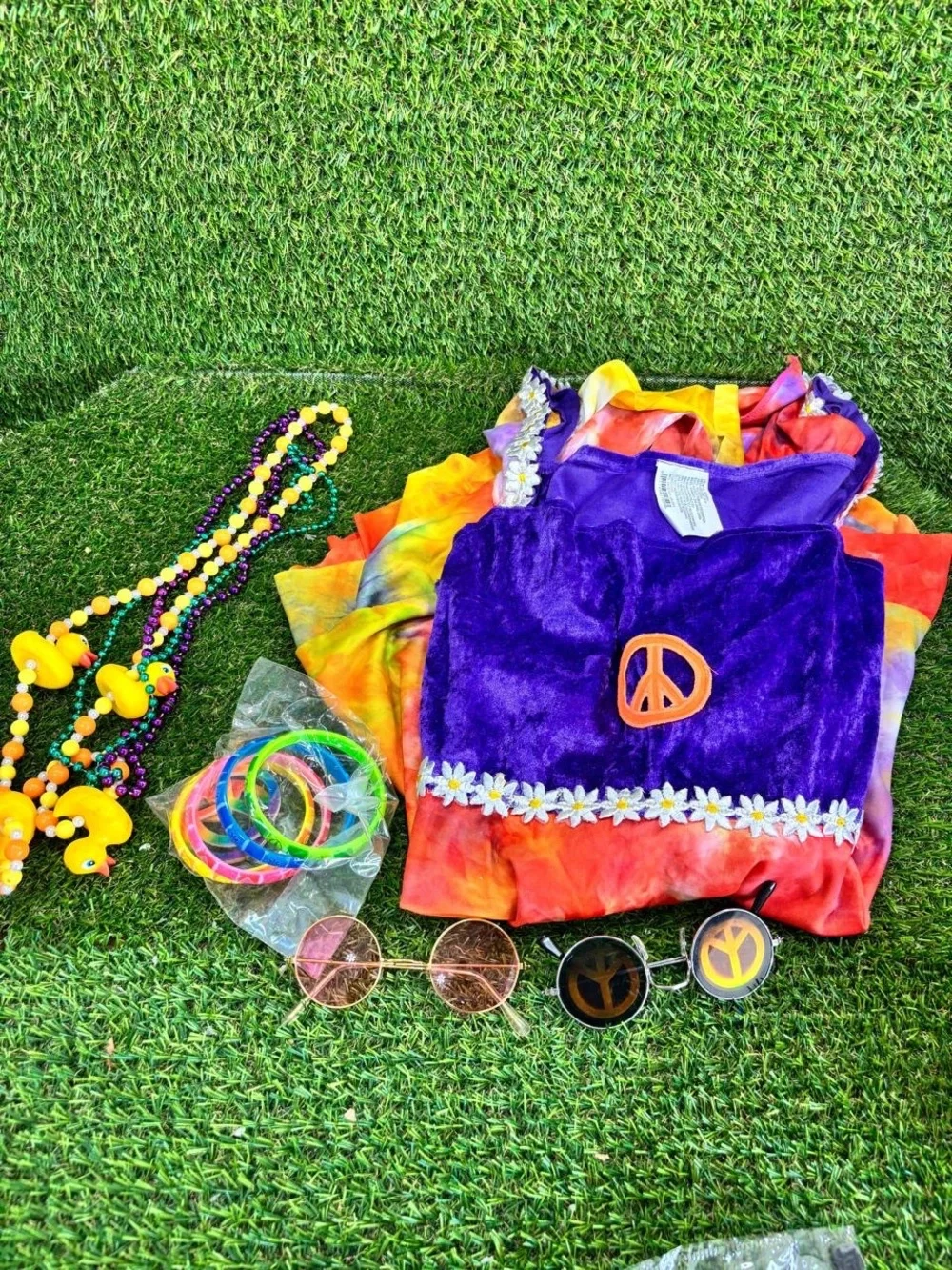 Girls Hippie Costume Set Tie Dye Velvet Dress Accessories 60s 70s Full Kit